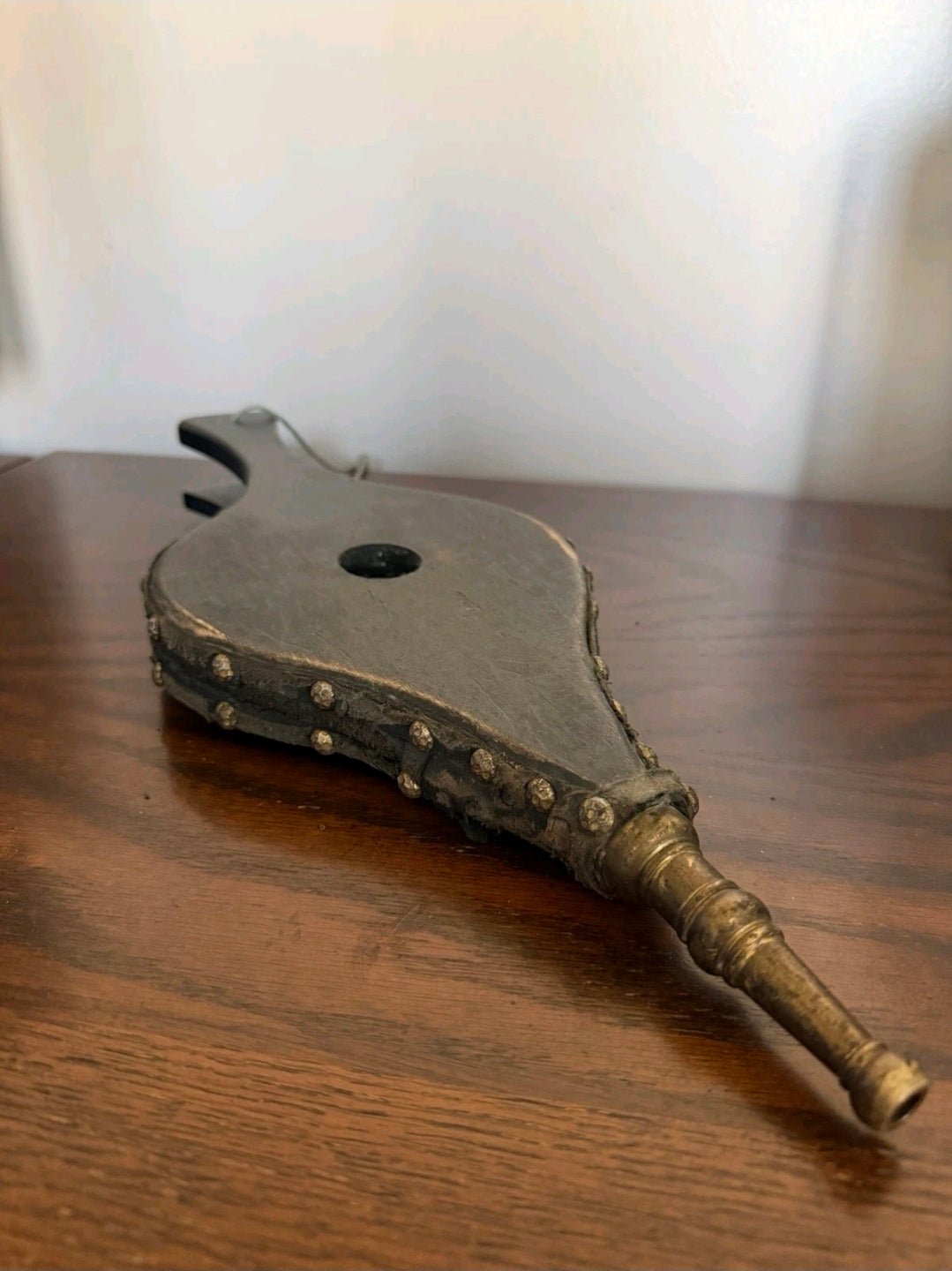 Vintage Fireplace Bellows – Medieval Heraldic Crest, Studded Leather & Brass, c. 1960s - Workshop & Study