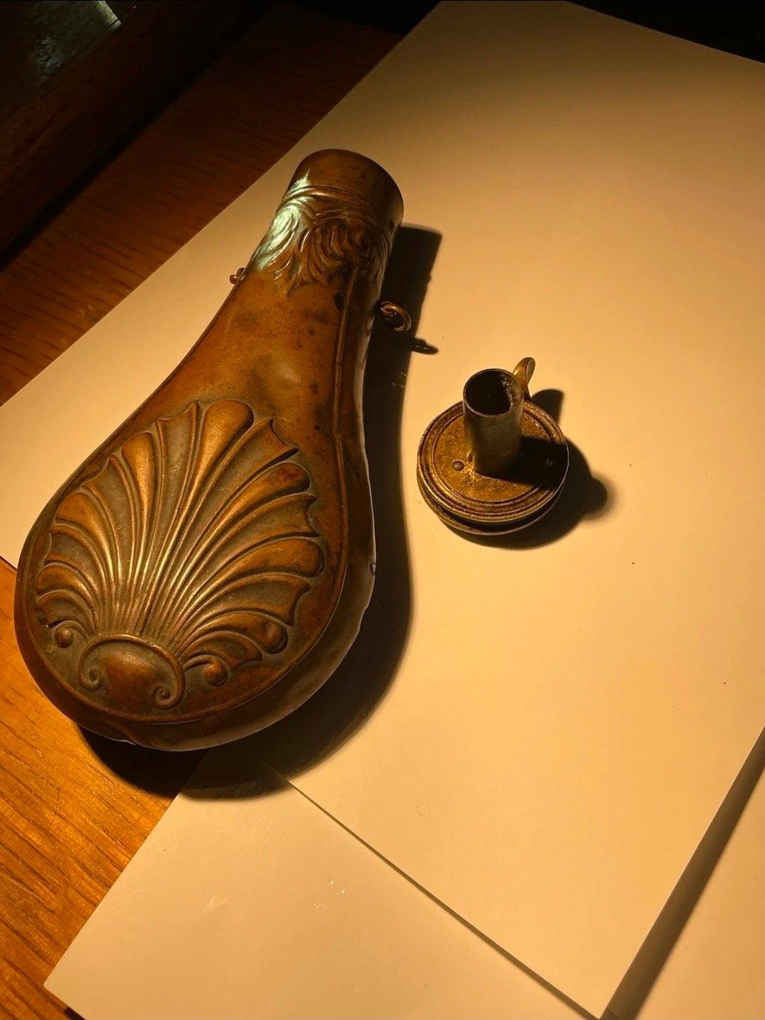 Antique AM Flask & Cap Co Powder Flask – American Copper & Brass – c. 1850s - Workshop & Study