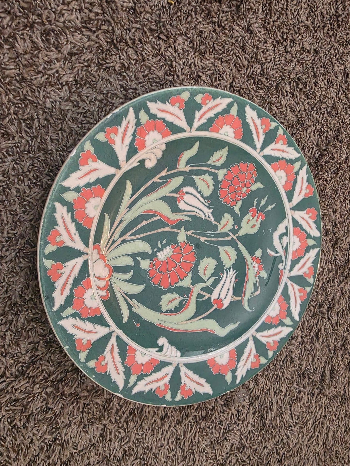 Vintage Handmade Kütahya Turkish Pottery Vase & Plate Set | Hand-Painted Çini Ceramic | Floral Green - Workshop & Study