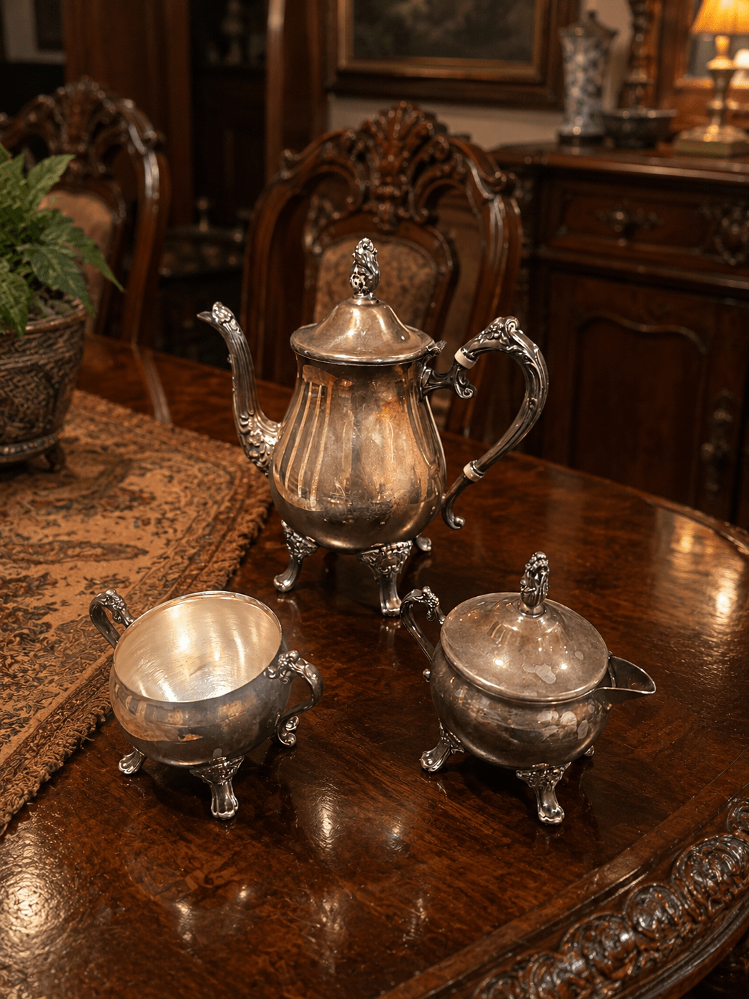 Vintage Silverplate Serving Set – 10-Piece Collection with Coffee Service, Serving Trays, Butter Dish & Pedestal Cake Stand - Workshop & Study
