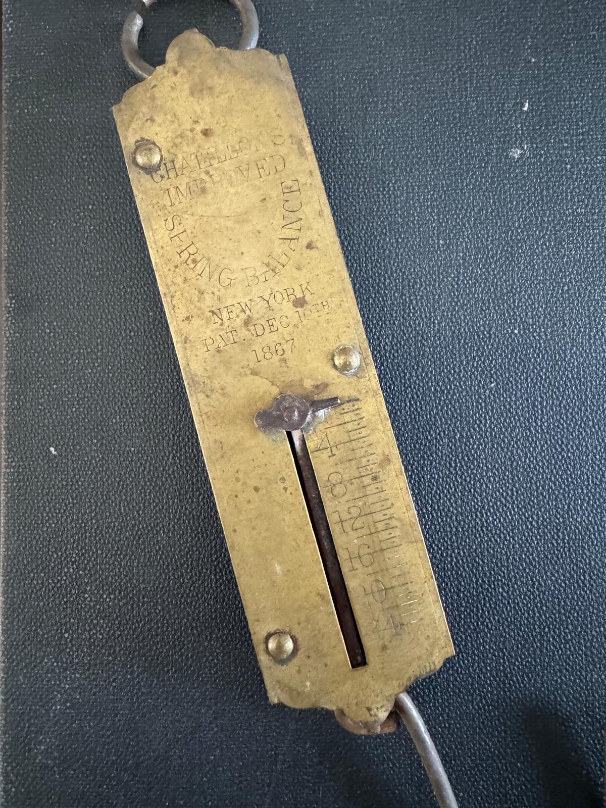 Antique Challenge Spring Balance Scale Pat. Dec 10 1867, Brass Hanging Scale, Primitive Farm Tool - Workshop & Study
