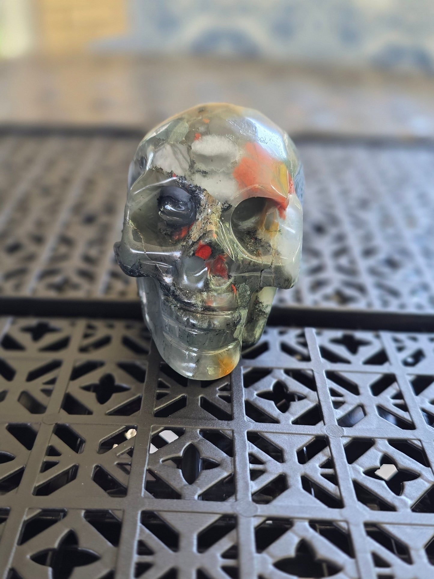 3" Moss Agate Crystal Skull Carving | Natural Green Stone w/ Red Inclusions - Workshop & Study