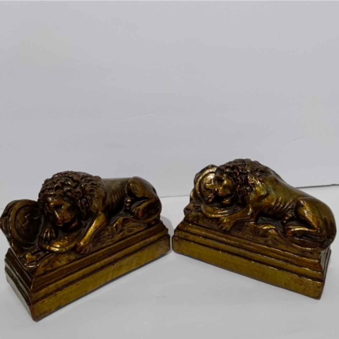 Vintage Lion of Lucerne Bookends Pair – Heavy Cast Brass - Metal Swiss Lion Bookends with Enamel Finish - Workshop & Study