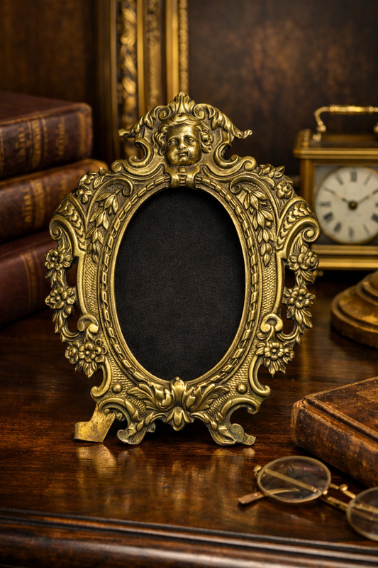 Antique French Brass Oval Photo Frame with Cherub – Art Nouveau Victorian Era