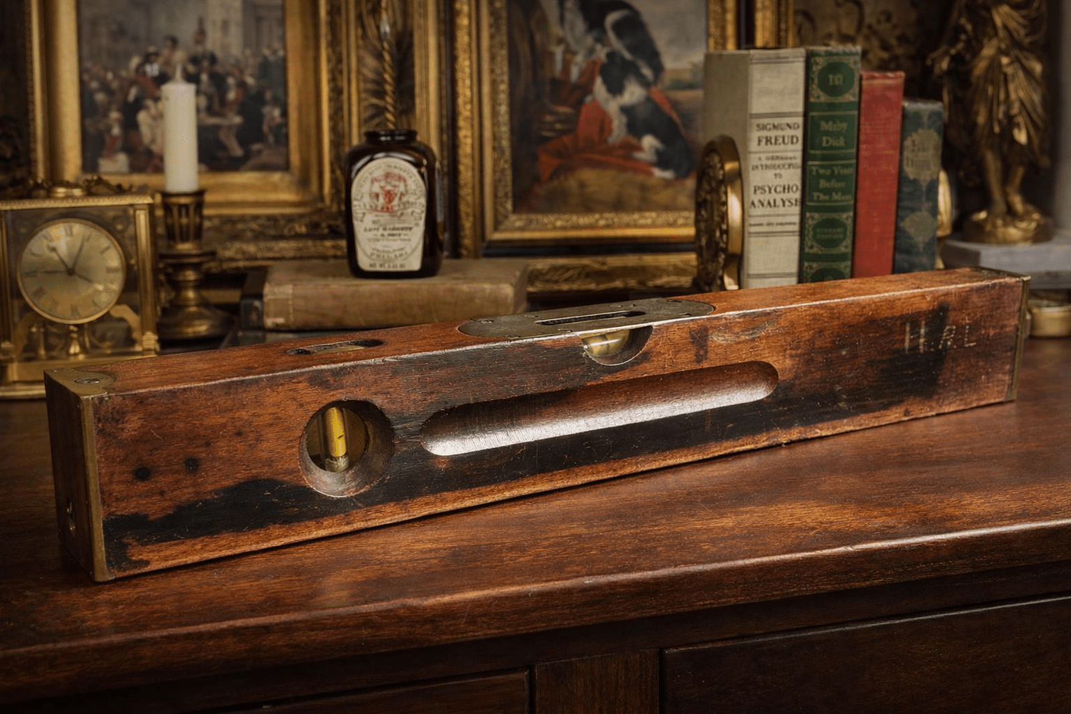 Antique Brass Bound Mahogany Spirit Level – 19th Century Surveyor Tool - Workshop & Study