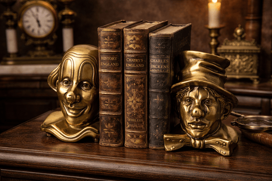Vintage Solid Brass Clown Bust Bookends – Heavy Art Deco Style Sad Clown Sculptures (Pair, 7+ lbs) - Workshop & Study