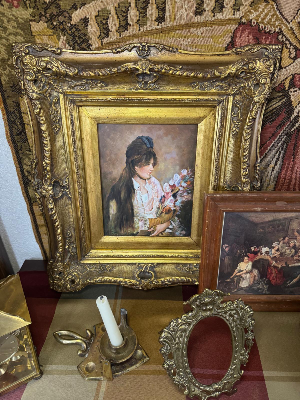 Antique Gilt Framed Portrait Painting of a Woman with Flowers, c. Early 20th Century – Continental Style - Workshop & Study