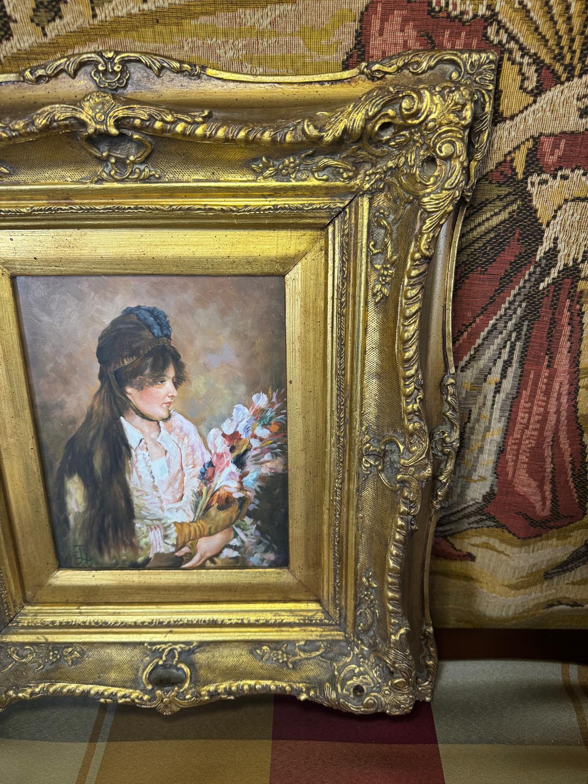 Antique Gilt Framed Portrait Painting of a Woman with Flowers, c. Early 20th Century – Continental Style - Workshop & Study