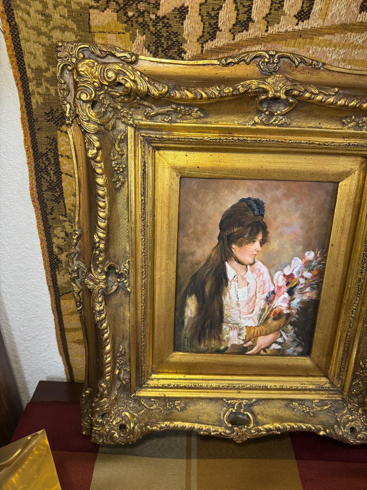 Antique Gilt Framed Portrait Painting of a Woman with Flowers, c. Early 20th Century – Continental Style - Workshop & Study