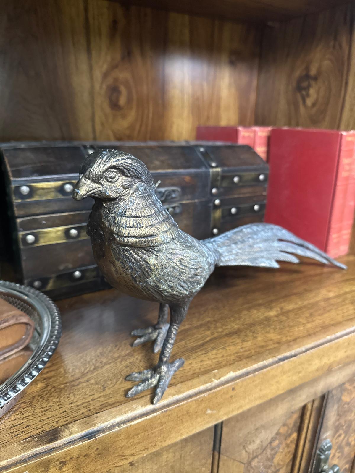 Antique Cast Brass Pheasant Sculpture | Long Tail Bird Figurine | 12” Mantel & Shelf Decor - Workshop & Study