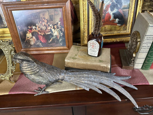 Antique Cast Brass Pheasant Sculpture | Long Tail Bird Figurine | 12” Mantel & Shelf Decor - Workshop & Study