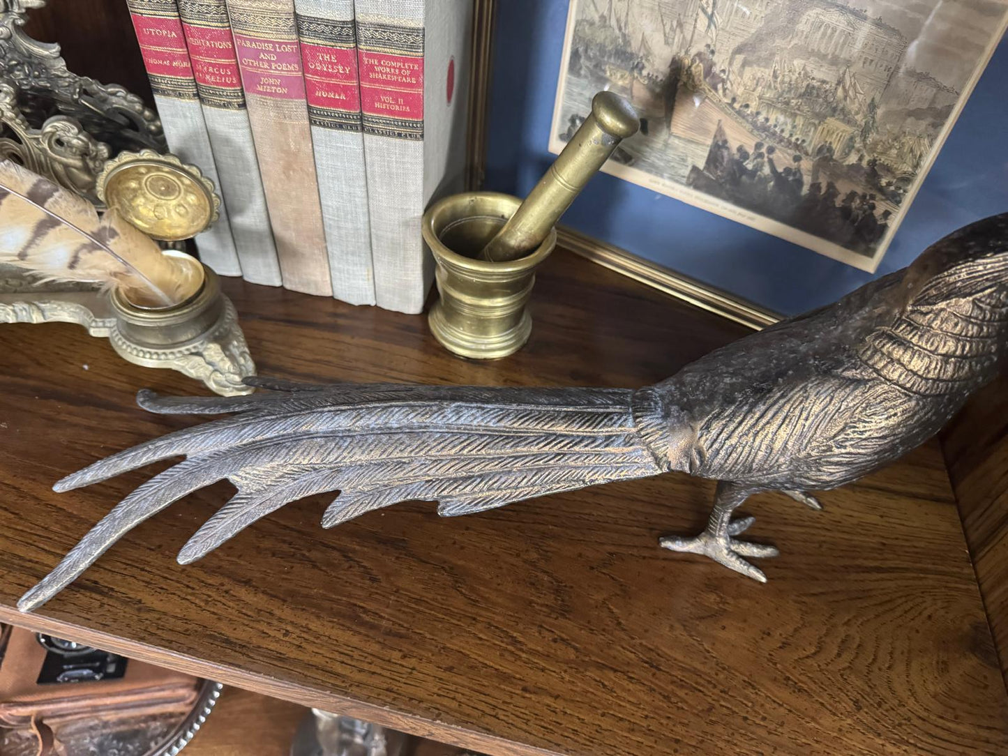 Antique Cast Brass Pheasant Sculpture | Long Tail Bird Figurine | 12” Mantel & Shelf Decor - Workshop & Study