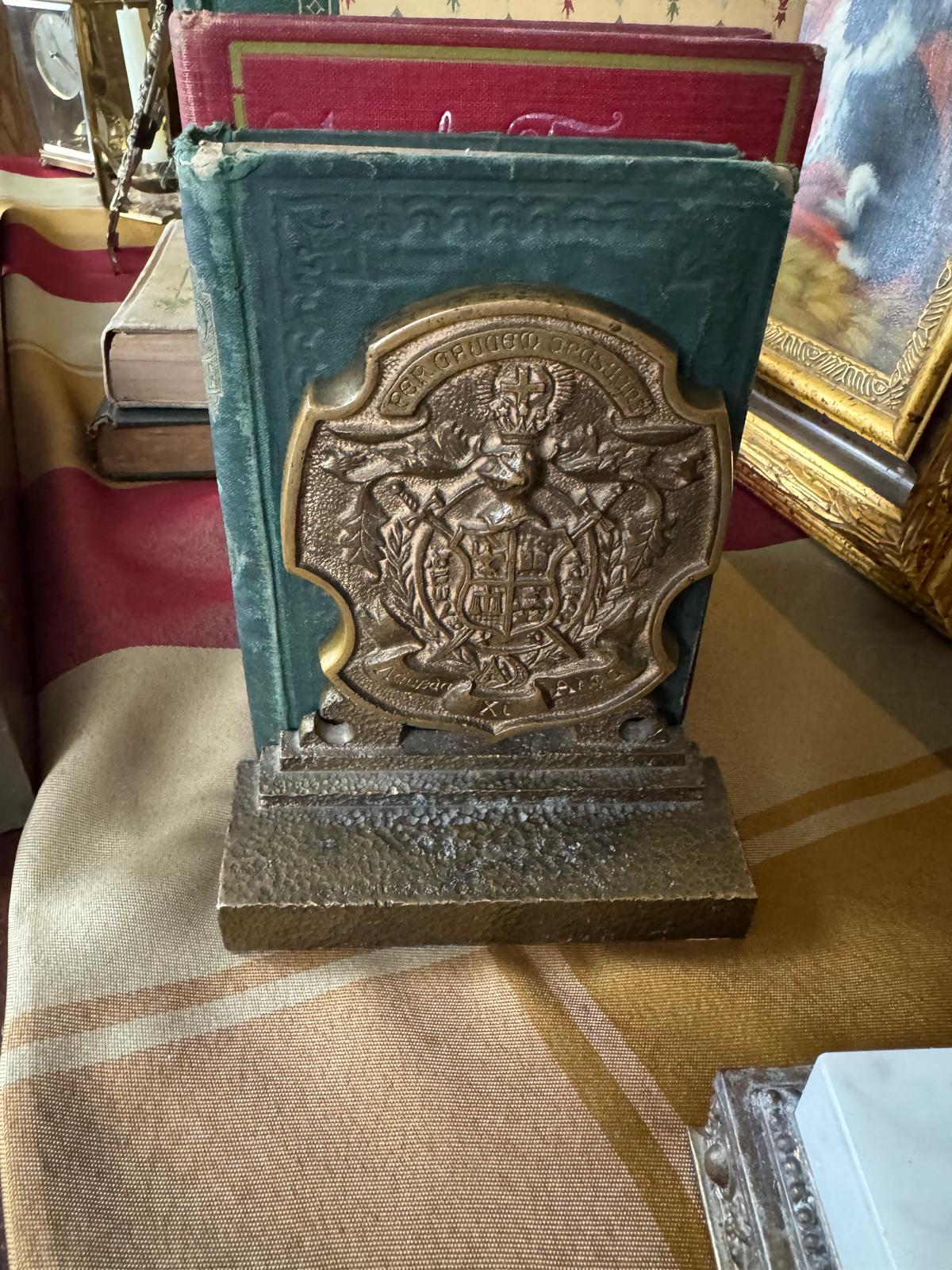 Antique Solid Brass Heraldic Bookends | Gothic European Crest | Heavy Desk & Library Decor - Workshop & Study