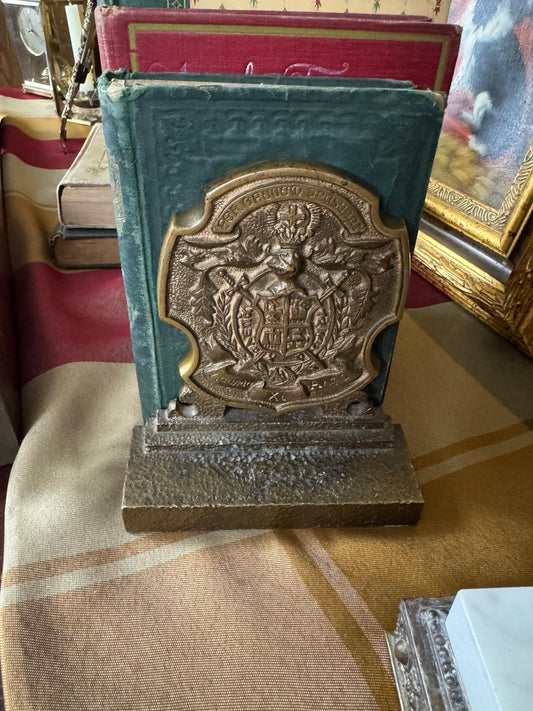 Antique Solid Brass Heraldic Bookends | Gothic European Crest | Heavy Desk & Library Decor - Workshop & Study