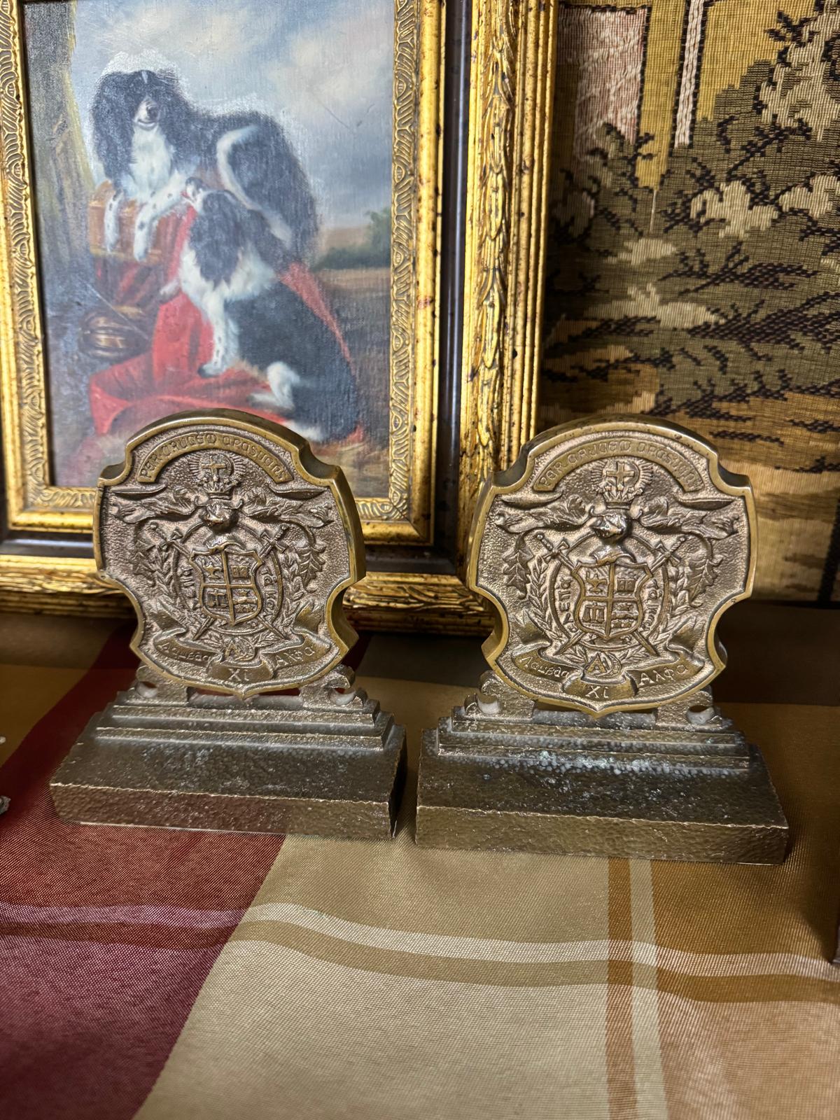 Antique Solid Brass Heraldic Bookends | Gothic European Crest | Heavy Desk & Library Decor - Workshop & Study