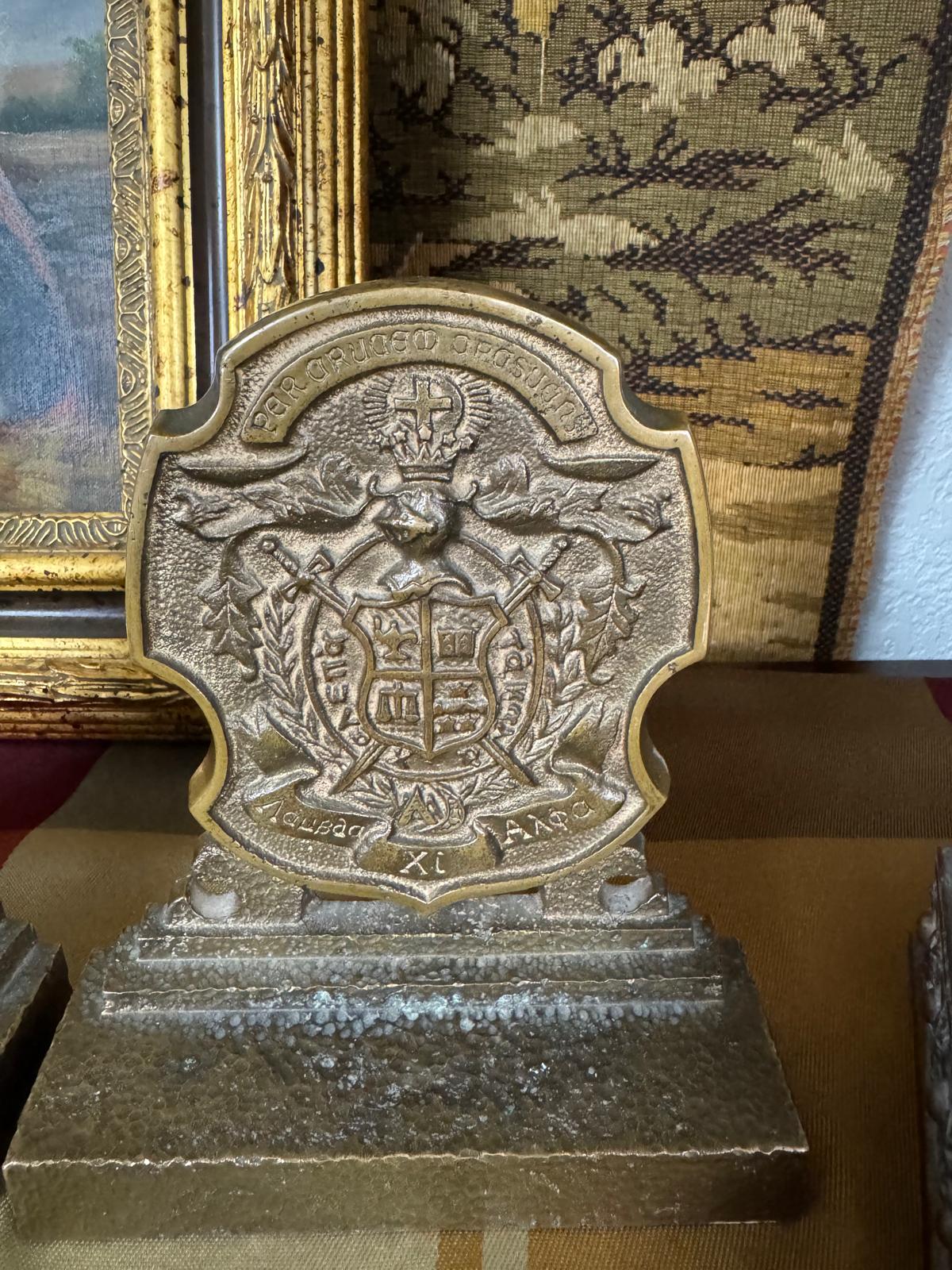 Antique Solid Brass Heraldic Bookends | Gothic European Crest | Heavy Desk & Library Decor - Workshop & Study