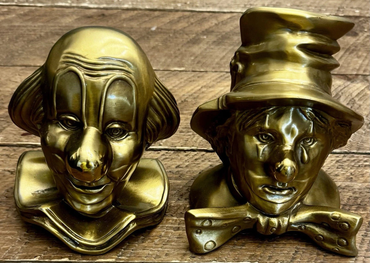 Vintage Solid Brass Clown Bust Bookends – Heavy Art Deco Style Sad Clown Sculptures (Pair, 7+ lbs) - Workshop & Study