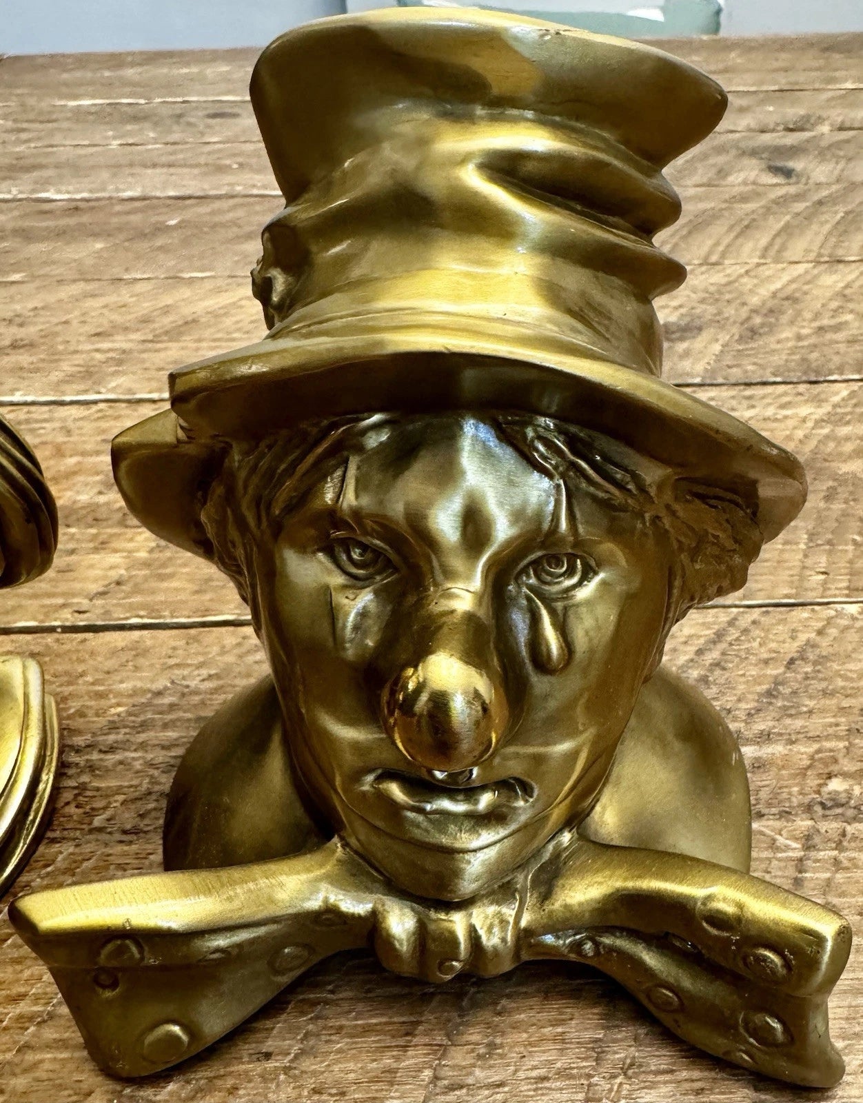 Vintage Solid Brass Clown Bust Bookends – Heavy Art Deco Style Sad Clown Sculptures (Pair, 7+ lbs) - Workshop & Study
