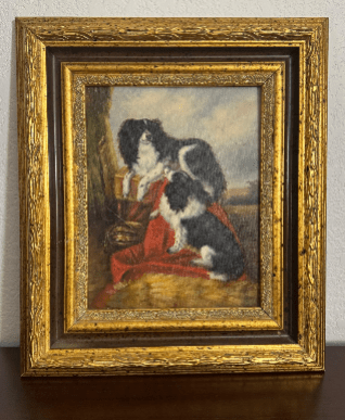 Vintage Oil Painting of King Charles Spaniels in Ornate Gilt Frame - Workshop & Study