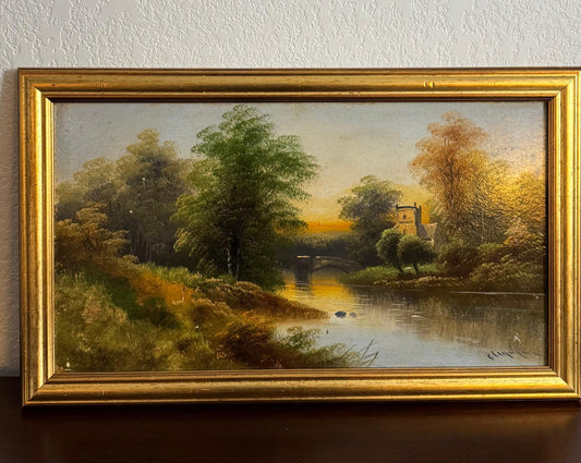 Antique Landscape Painting with River, Bridge & Cottage, c. Late 19th–Early 20th Century