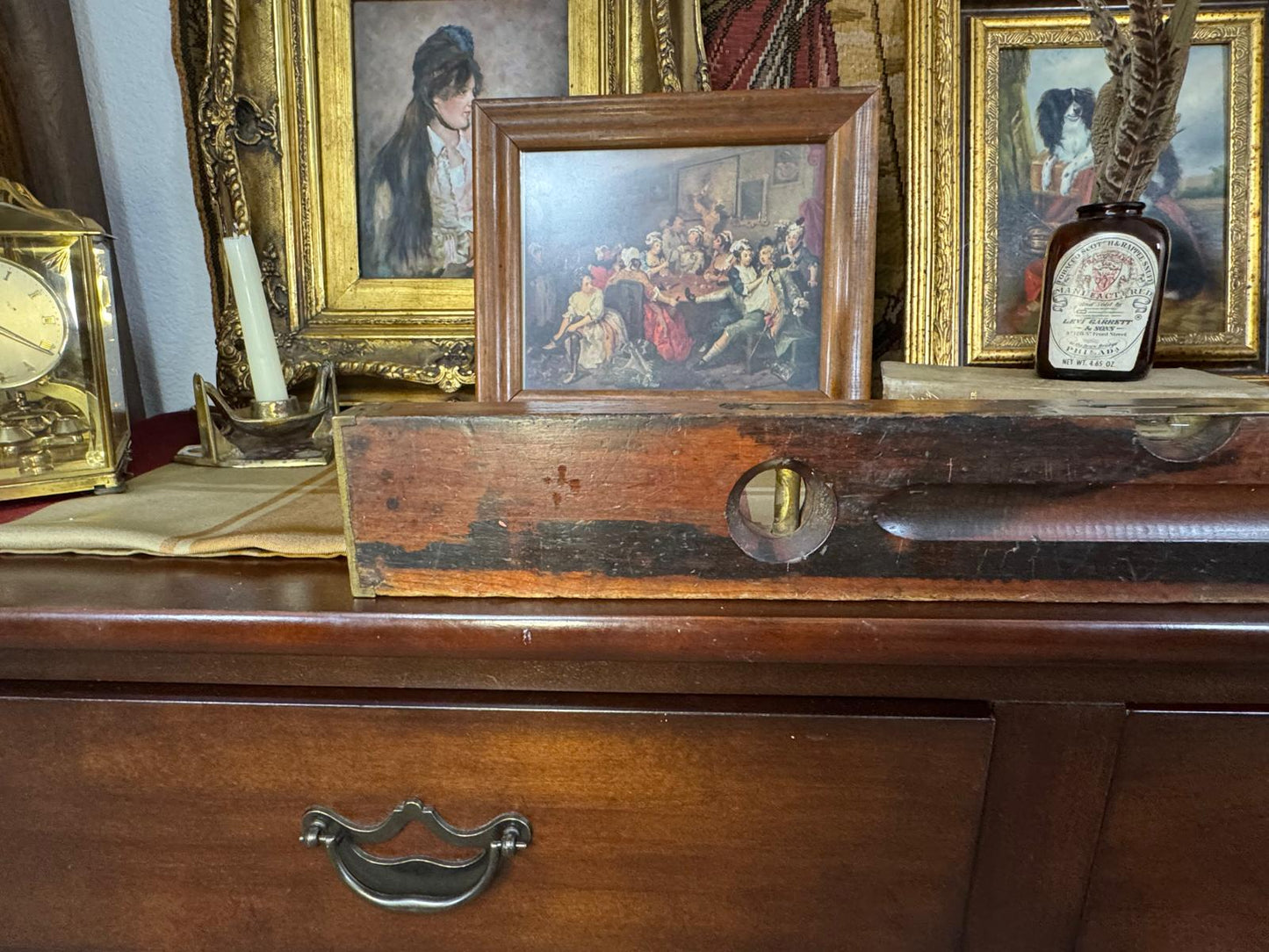 Antique Brass Bound Mahogany Spirit Level – 19th Century Surveyor Tool - Workshop & Study