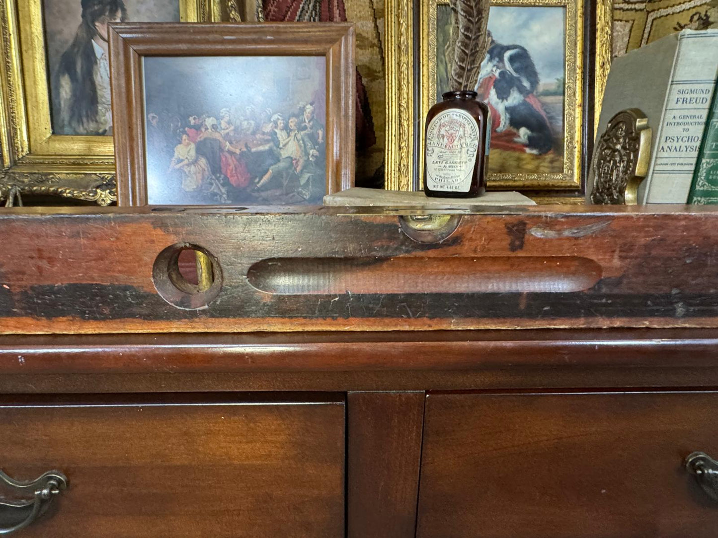 Antique Brass Bound Mahogany Spirit Level – 19th Century Surveyor Tool - Workshop & Study