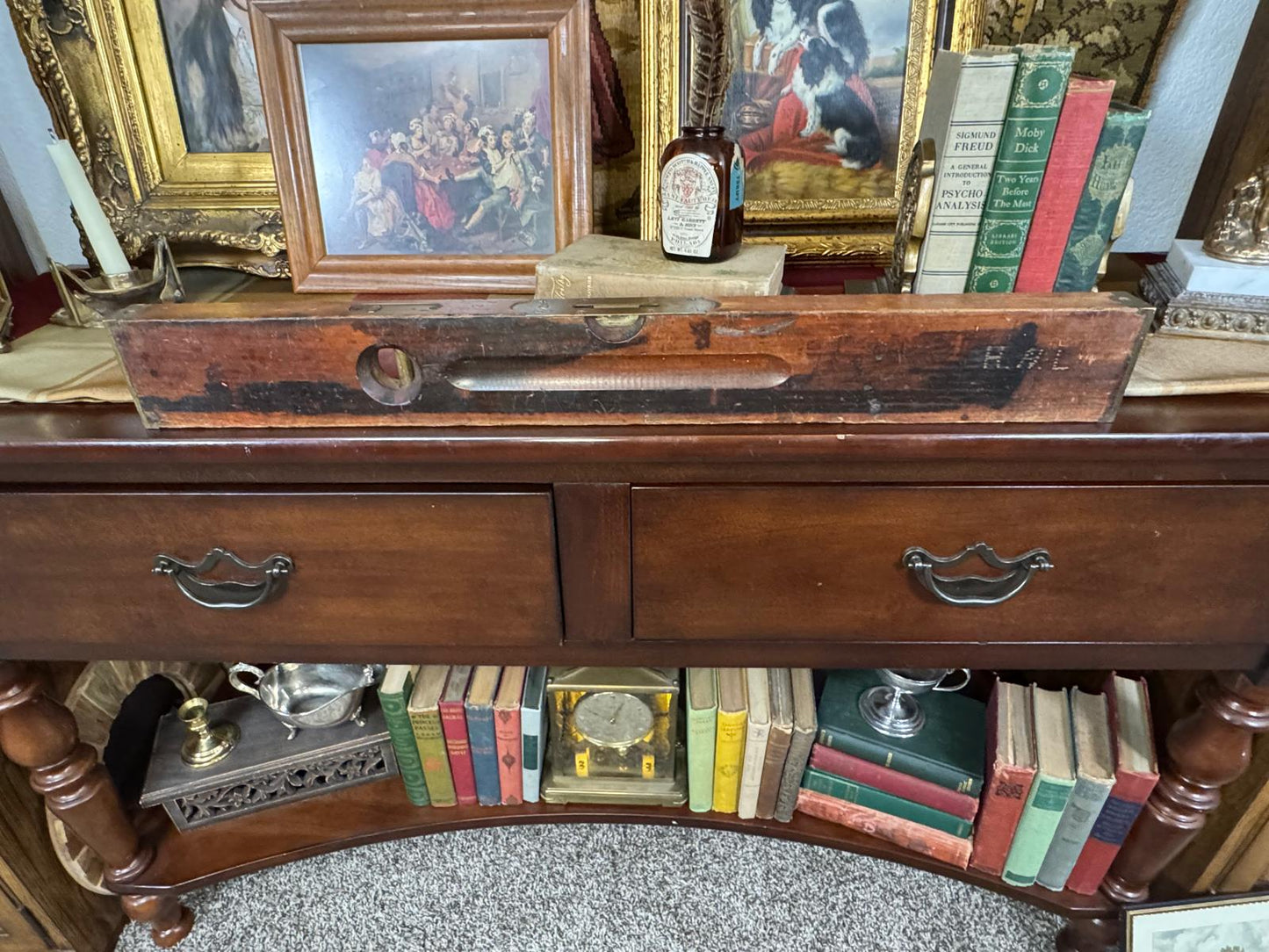 Antique Brass Bound Mahogany Spirit Level – 19th Century Surveyor Tool - Workshop & Study