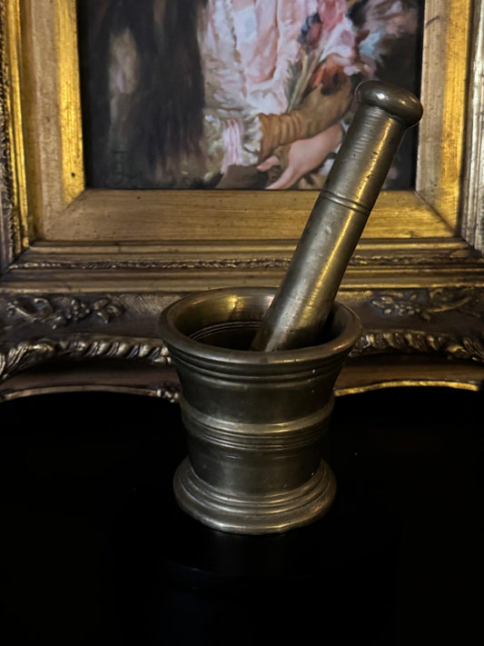 Antique Heavy Brass Mortar & Pestle | Hand - Turned Apothecary Tool | 19th Century European - Workshop & Study