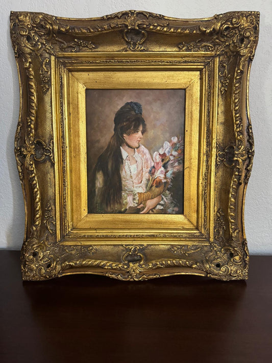 Antique Gilt Framed Portrait Painting of a Woman with Flowers, c. Early 20th Century – Continental Style - Workshop & Study