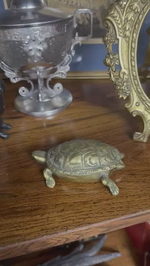 Antique Brass Turtle Trinket Box – English Hinged Shell Desk Object c. 1900
