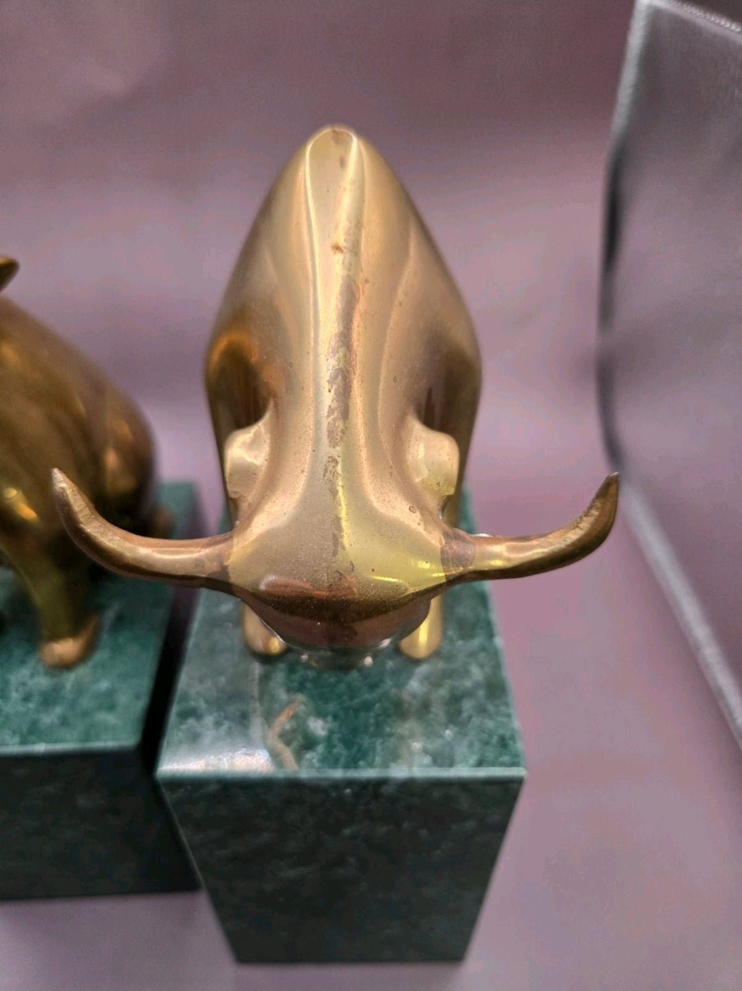 Mid - Century Brass Bull & Bear Market Bookends – Green Marble Bases - Workshop & Study