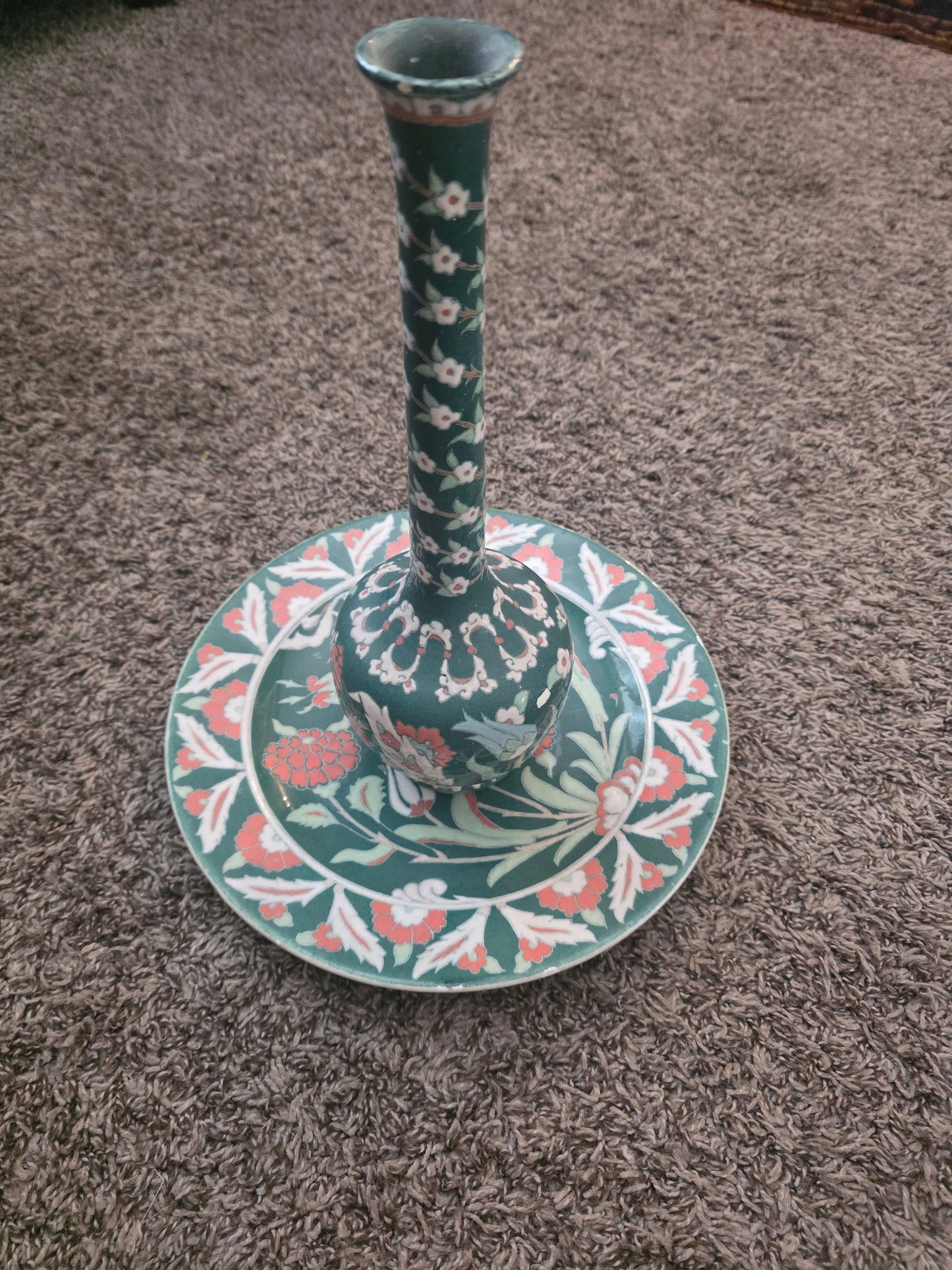 Vintage Handmade Kütahya Turkish Pottery Vase & Plate Set | Hand-Painted Çini Ceramic | Floral Green