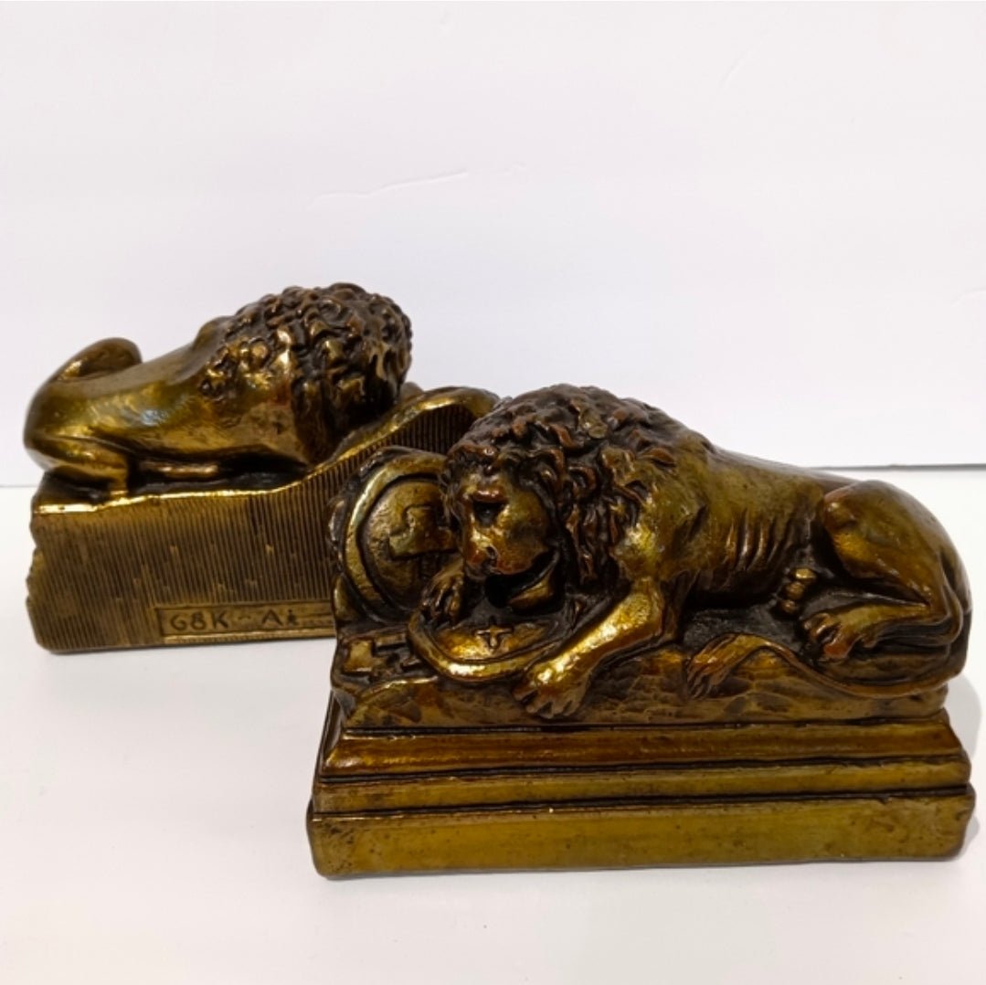 Vintage Lion of Lucerne Bookends Pair – Heavy Cast Brass - Metal Swiss Lion Bookends with Enamel Finish - Workshop & Study