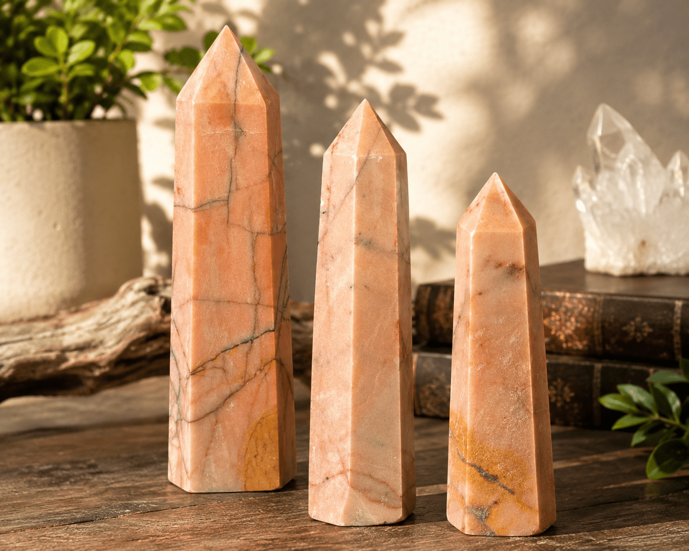 Large Pink Stone Crystal Tower Set | 3 Polished Points | 10", 9" & 8" | 5.96 lbs - Workshop & Study