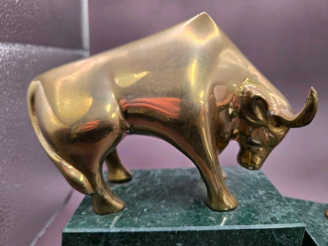 Mid - Century Brass Bull & Bear Market Bookends – Green Marble Bases - Workshop & Study