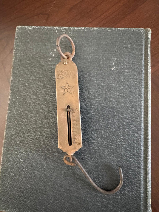 Antique Brass Spring Balance Scale with Star Mark, Vintage Hanging Scale, Primitive Farm Tool Decor
