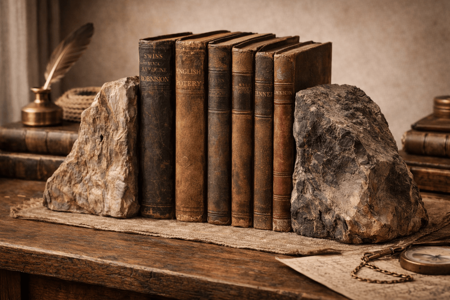 Antique Petrified Wood Bookends Set – Natural Stone Fossil Pair 5 lb 6 oz Rustic Decor - Workshop & Study