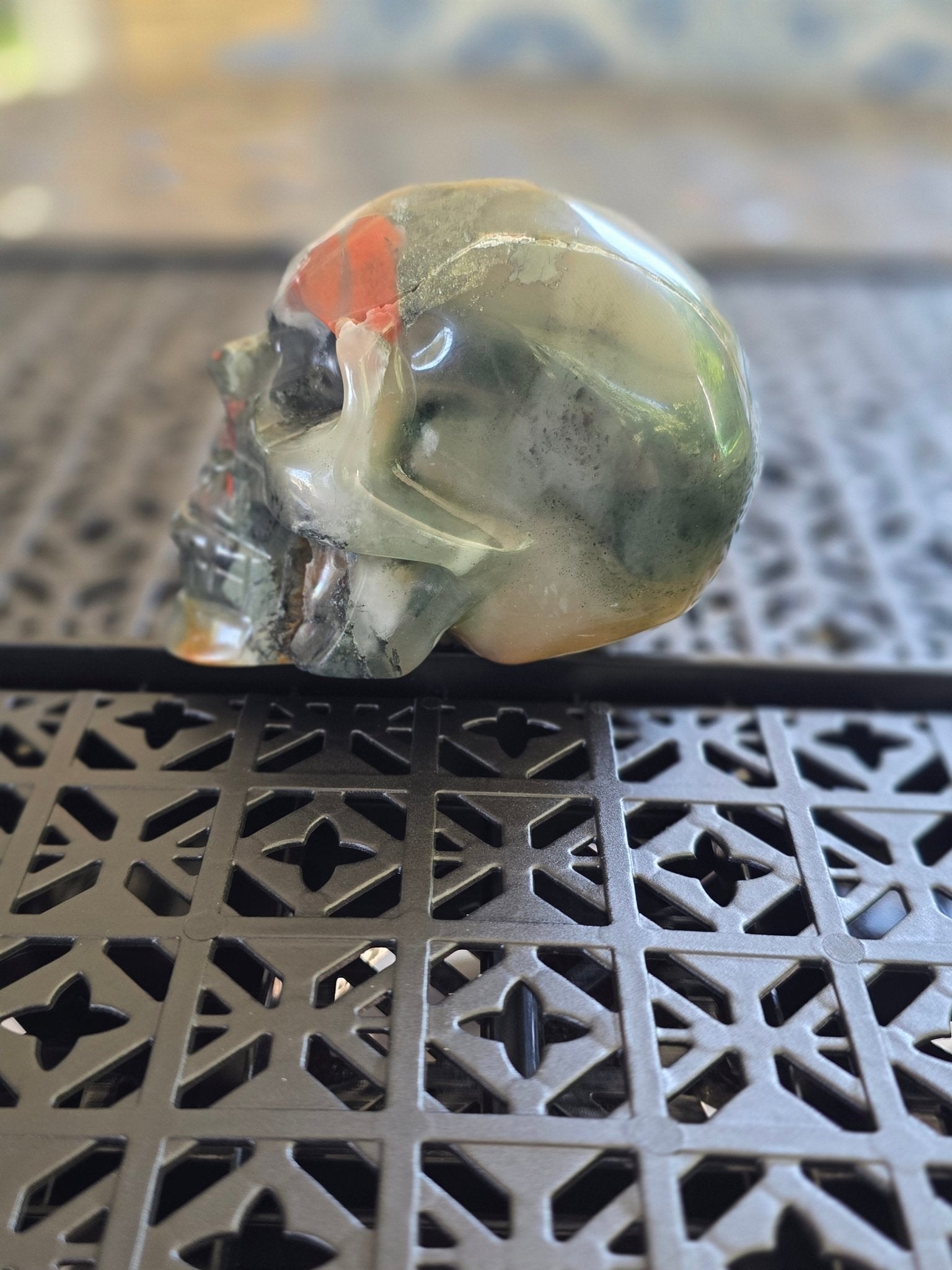 3" Moss Agate Crystal Skull Carving | Natural Green Stone w/ Red Inclusions - Workshop & Study