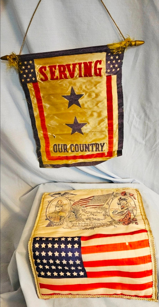 World War I Patriotic Silk Textile Set – “Serving Our Country” Banner & “Remember Me” Pillow Cover (c. 1917–1919)