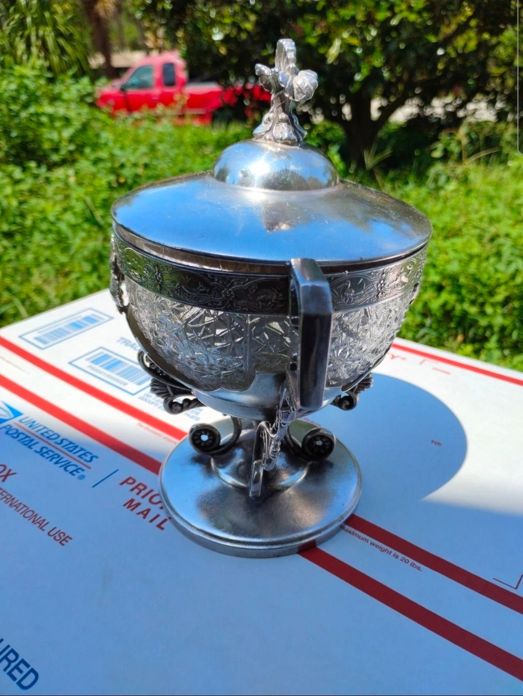 Antique Webster Silverplate Covered Sugar Bowl w/ Cut Crystal Liner – Victorian Pedestal Dish 3 - Workshop & Study