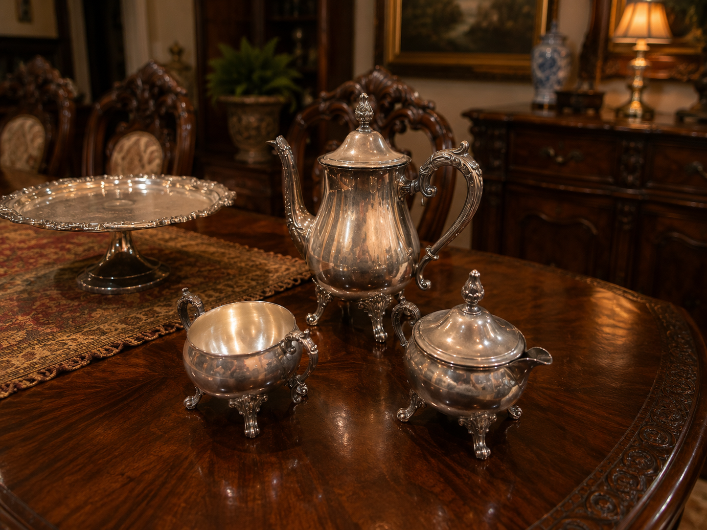 Vintage Silverplate Serving Set – 10-Piece Collection with Coffee Service, Serving Trays, Butter Dish & Pedestal Cake Stand