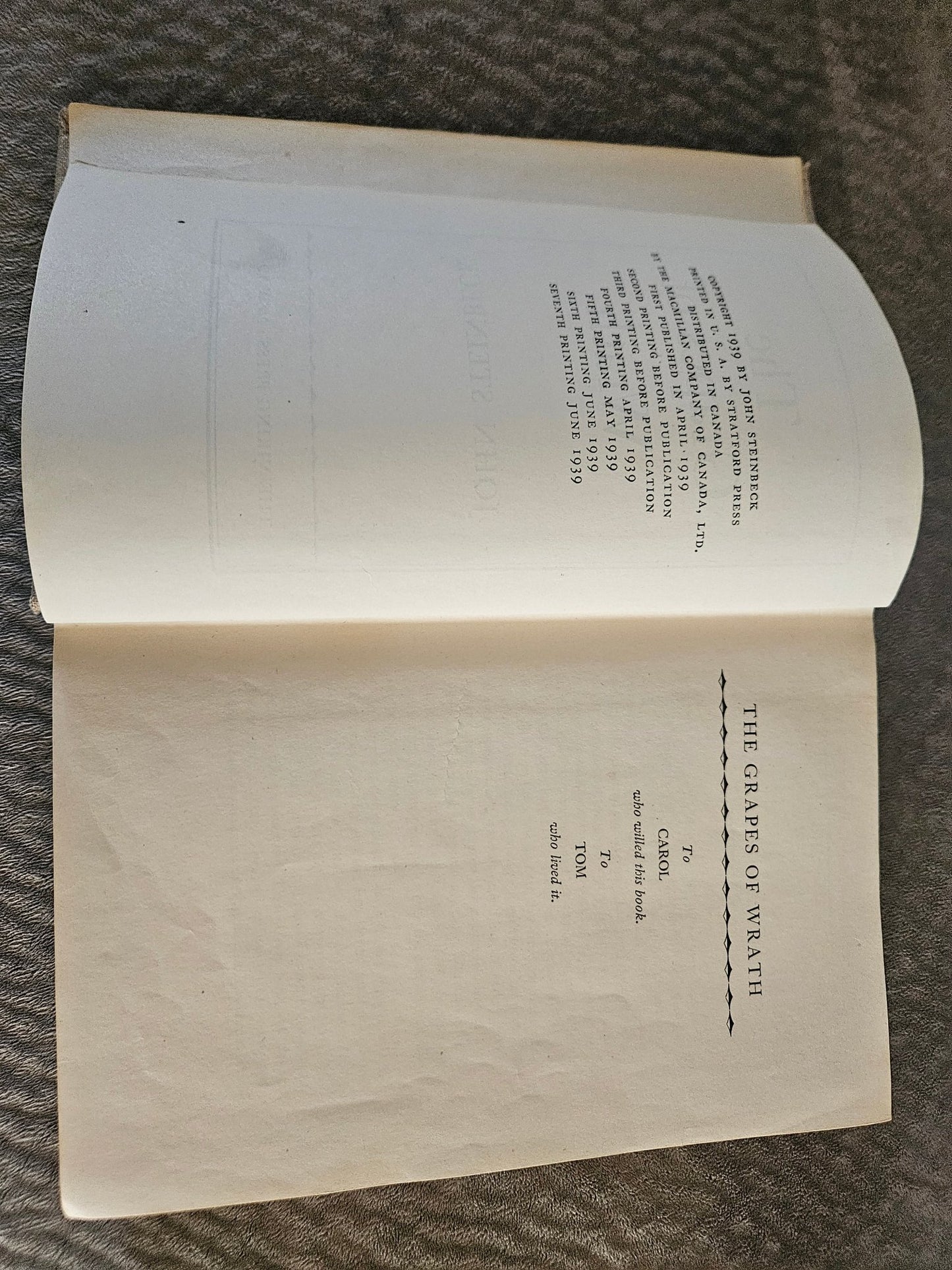 1939 The Grapes of Wrath by John Steinbeck – Early 7th Printing Viking Press Hardcover - Workshop & Study