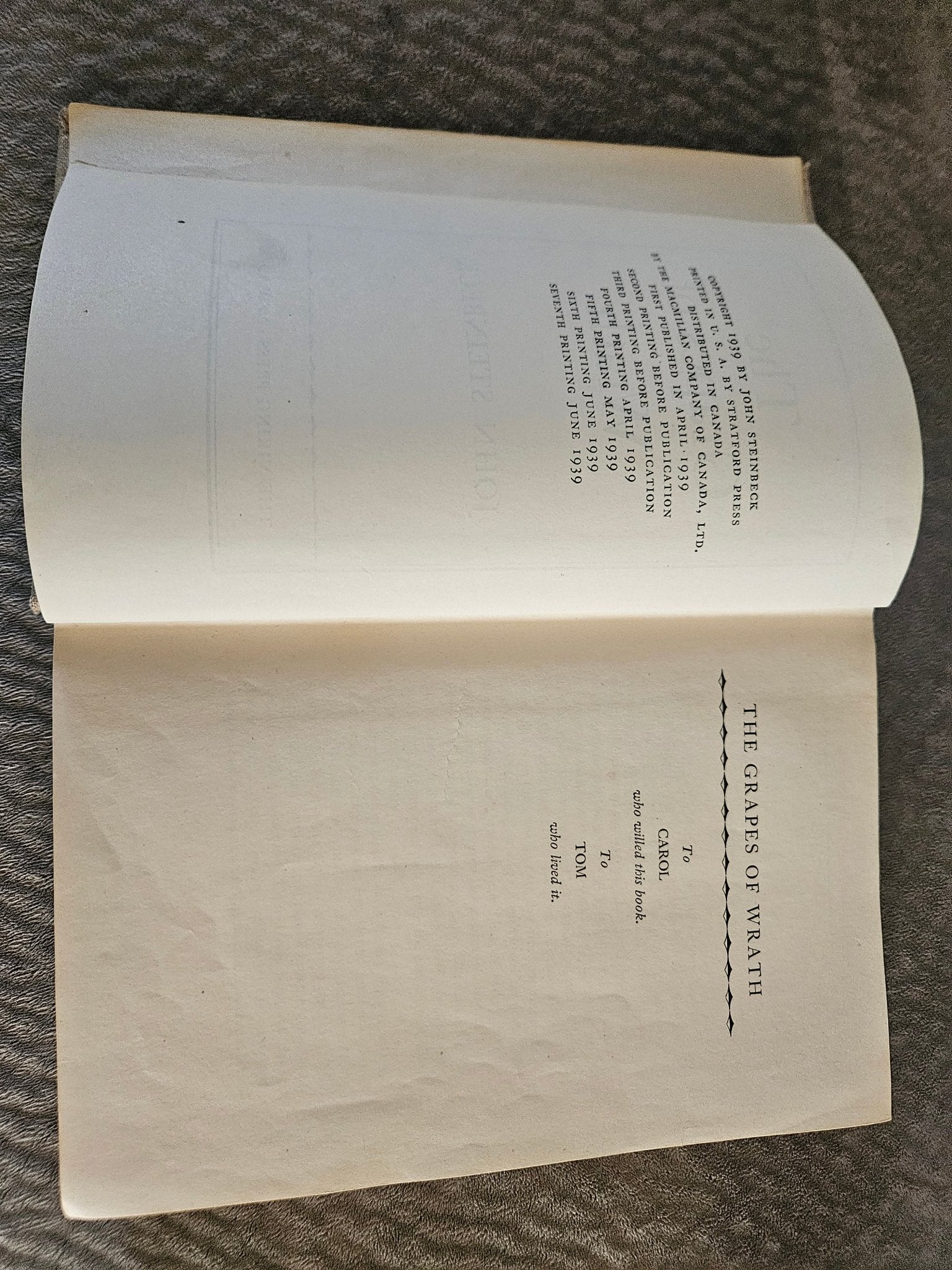 1939 The Grapes of Wrath by John Steinbeck – Early 7th Printing Viking Press Hardcover - Workshop & Study