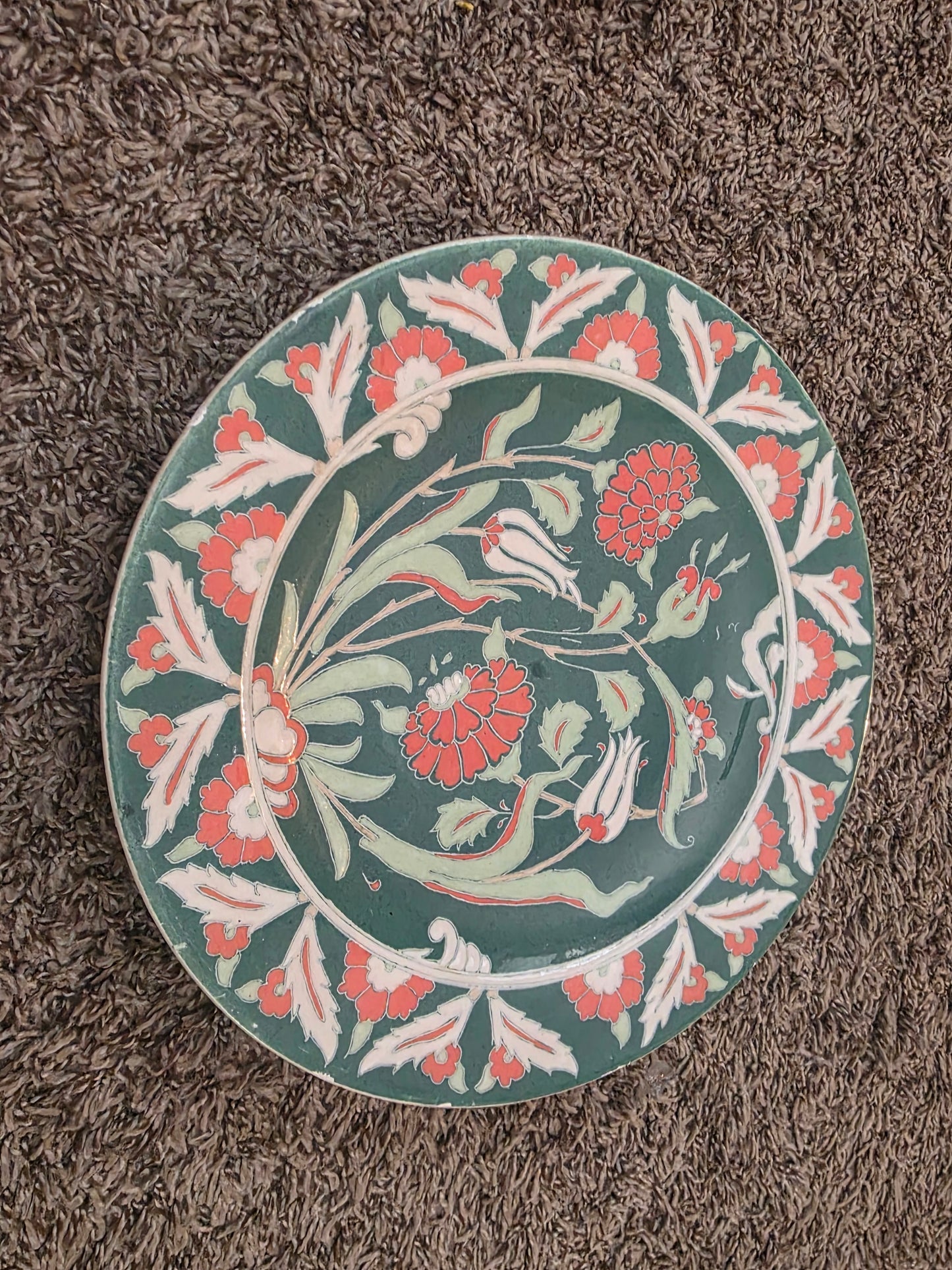 Vintage Handmade Kütahya Turkish Pottery Vase & Plate Set | Hand-Painted Çini Ceramic | Floral Green
