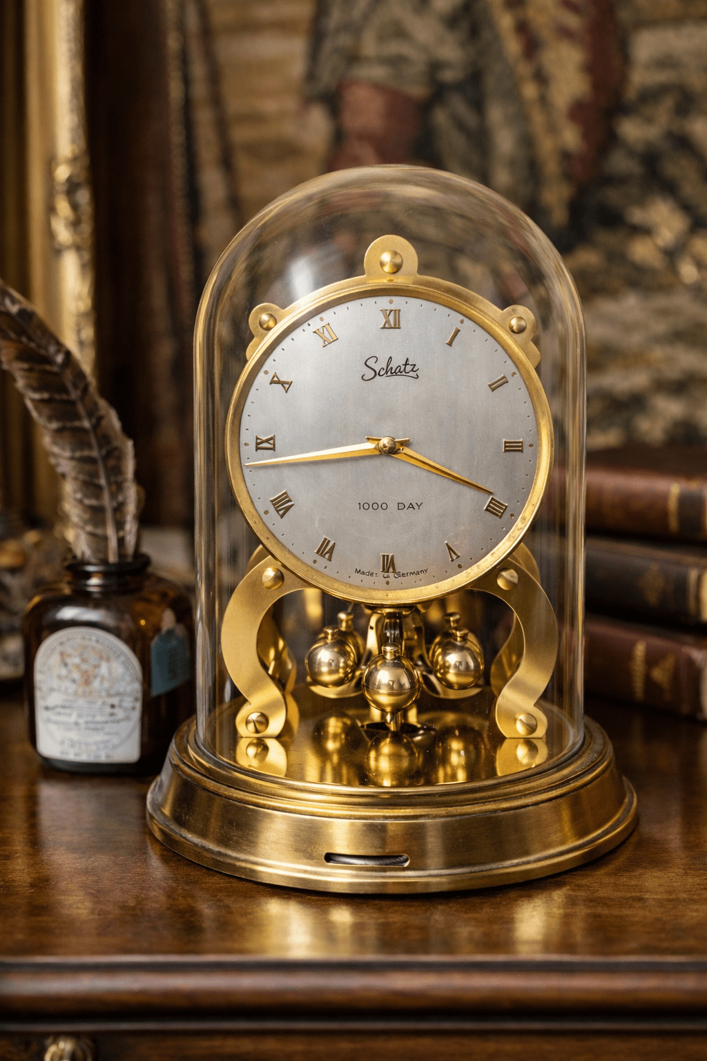 Vintage Schatz 1000 - Day Anniversary Clock with Glass Dome – Brass Torsion Pendulum Mantel Clock - Workshop & Study