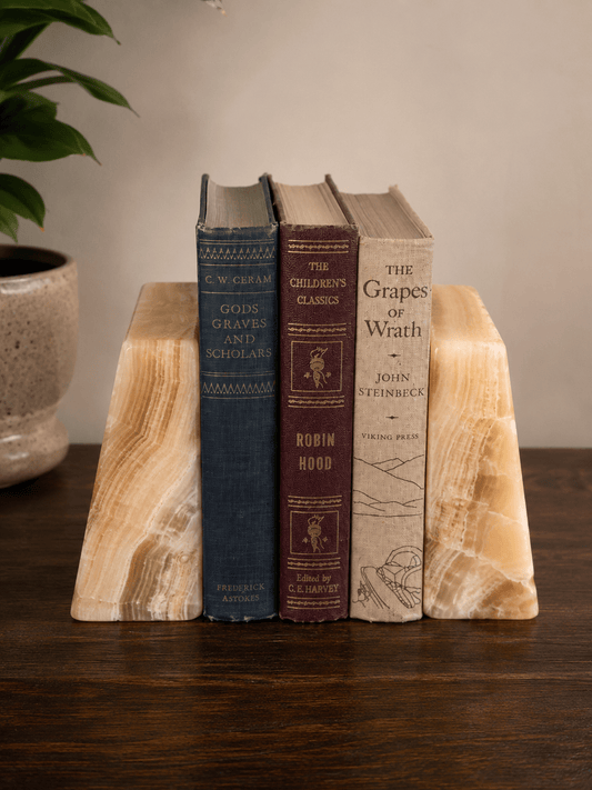 Vintage Polished Banded Onyx Marble Bookends | Cream & Honey Stone | Heavy Natural Stone Decor - Workshop & Study