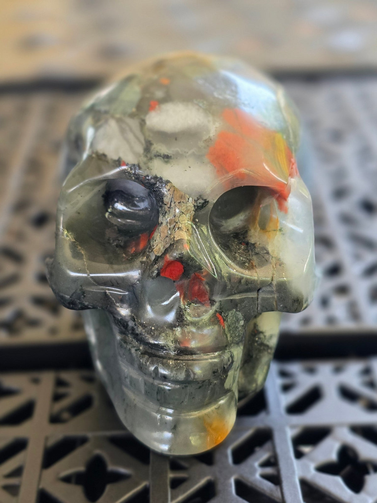 3" Moss Agate Crystal Skull Carving | Natural Green Stone w/ Red Inclusions - Workshop & Study