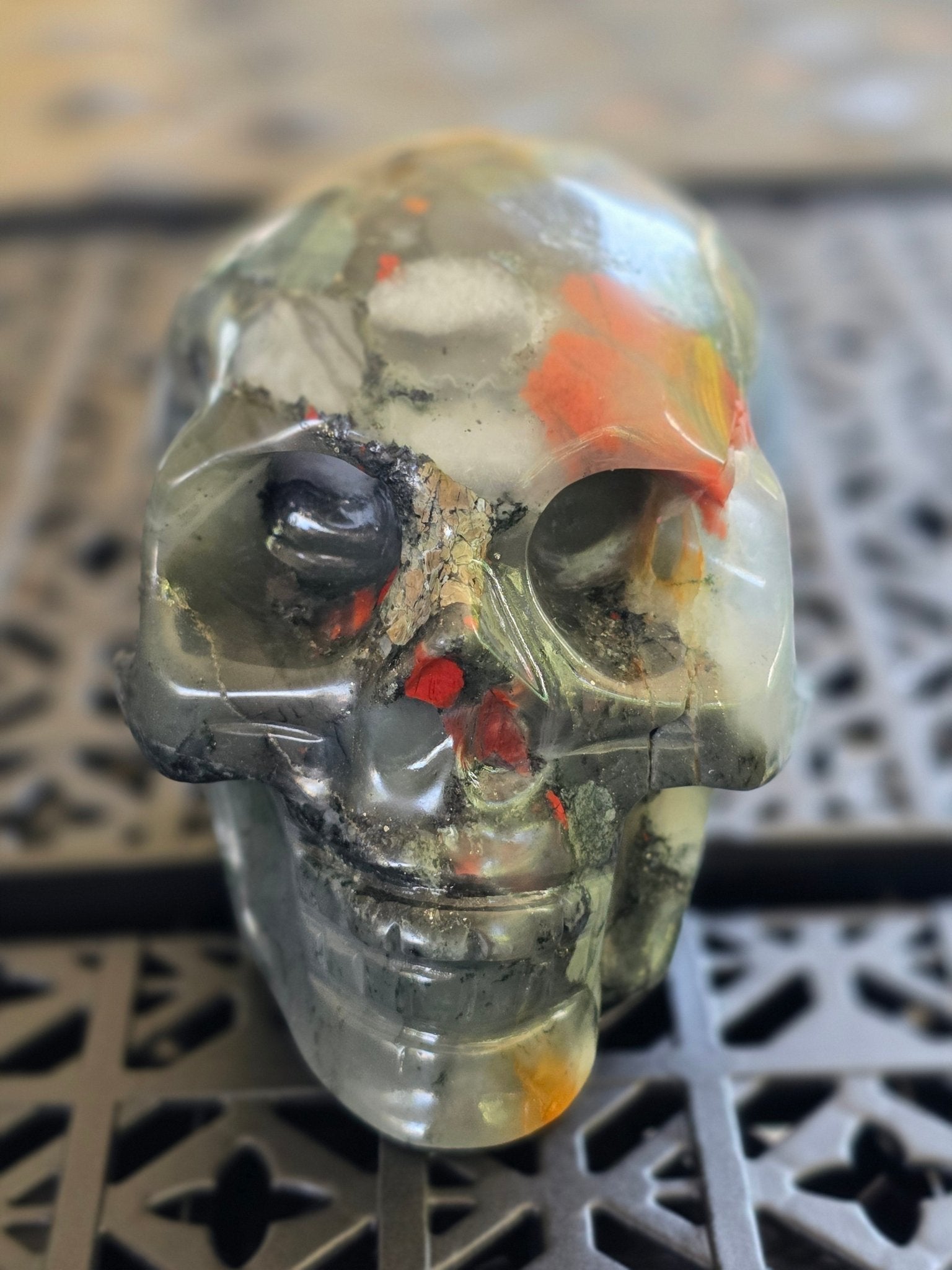 3" Moss Agate Crystal Skull Carving | Natural Green Stone w/ Red Inclusions - Workshop & Study