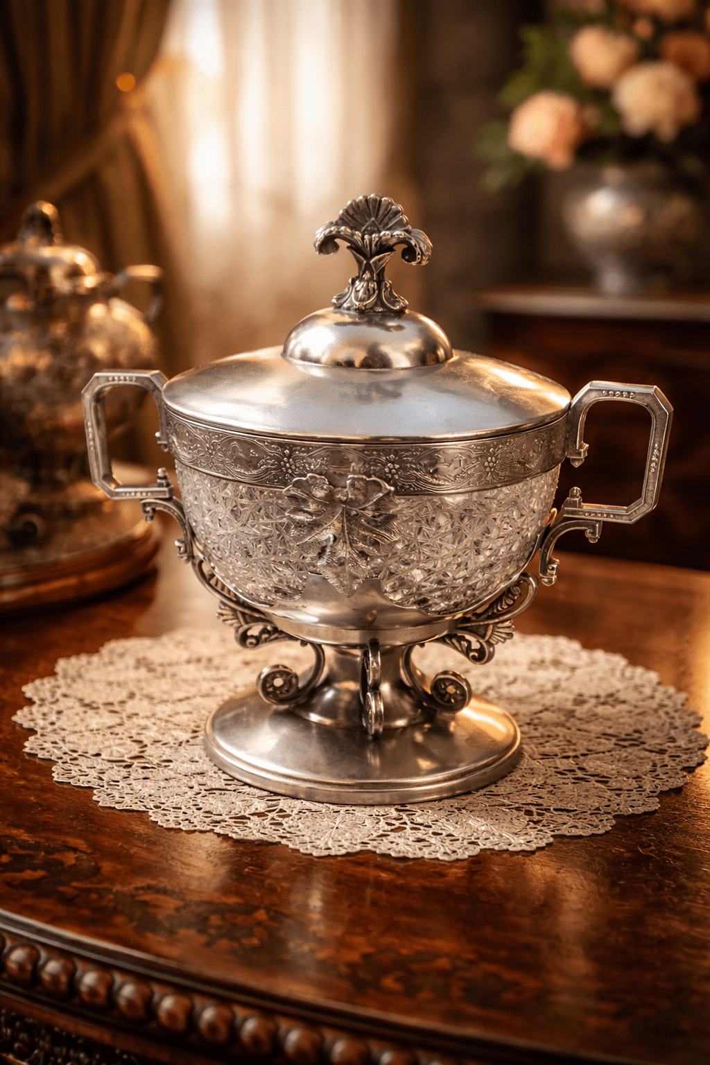 Antique Webster Silverplate Covered Sugar Bowl w/ Cut Crystal Liner – Victorian Pedestal Dish 3 - Workshop & Study