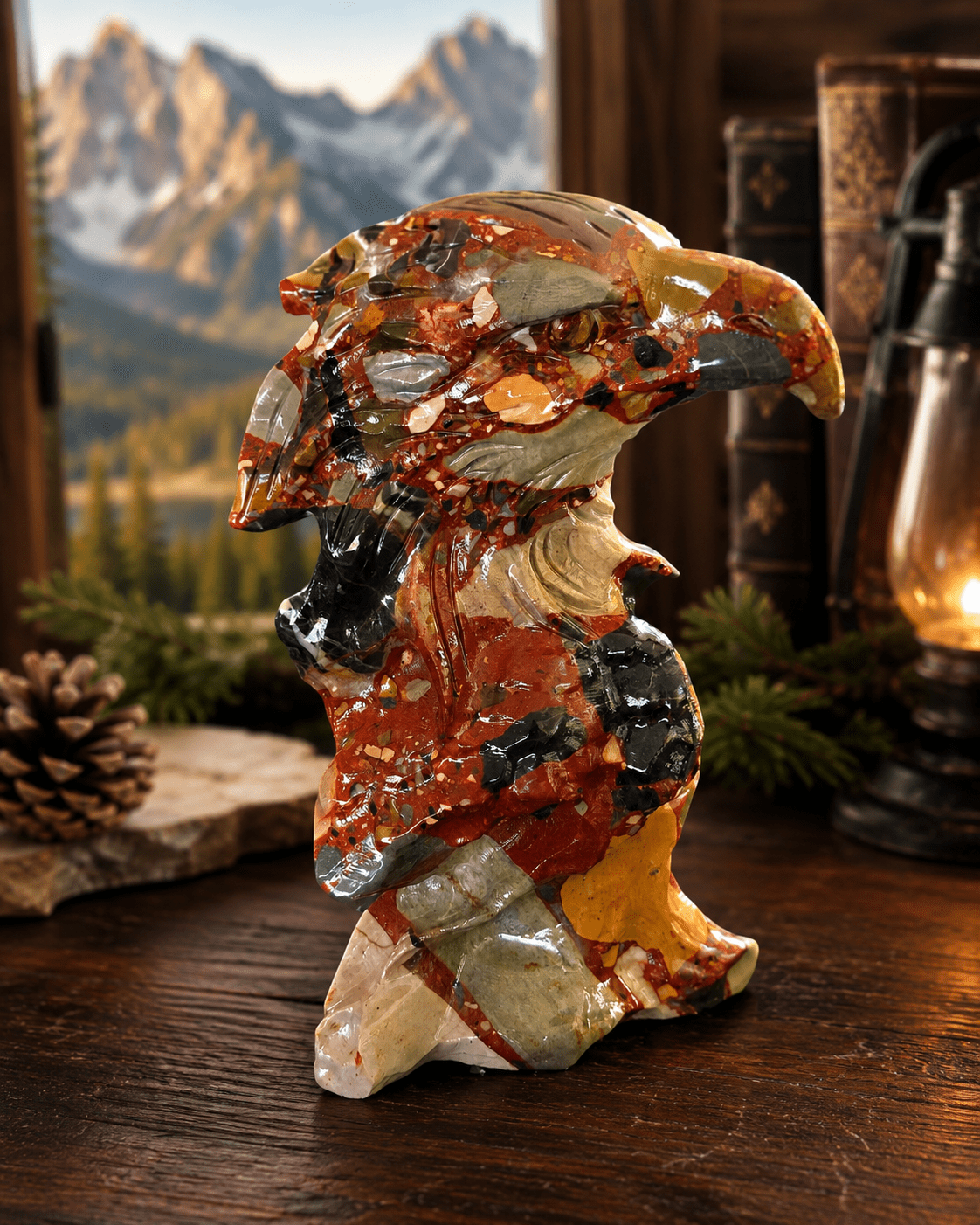 5.75" Brecciated Jasper Eagle Head Carving | Large Hand Carved Crystal Statue - Workshop & Study